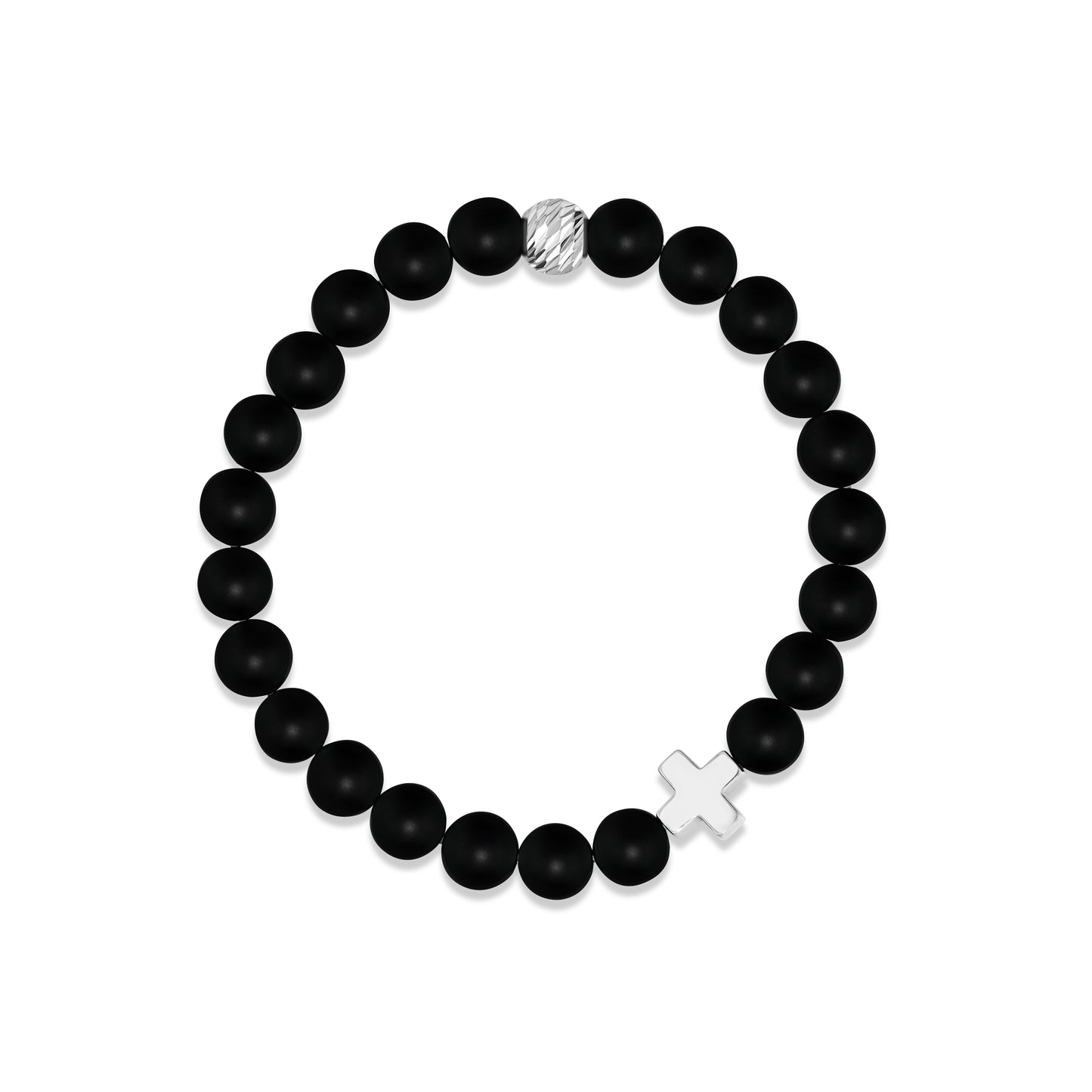 Matte Black Agate Beaded Bracelet with Silver Plated Hematine Cross
