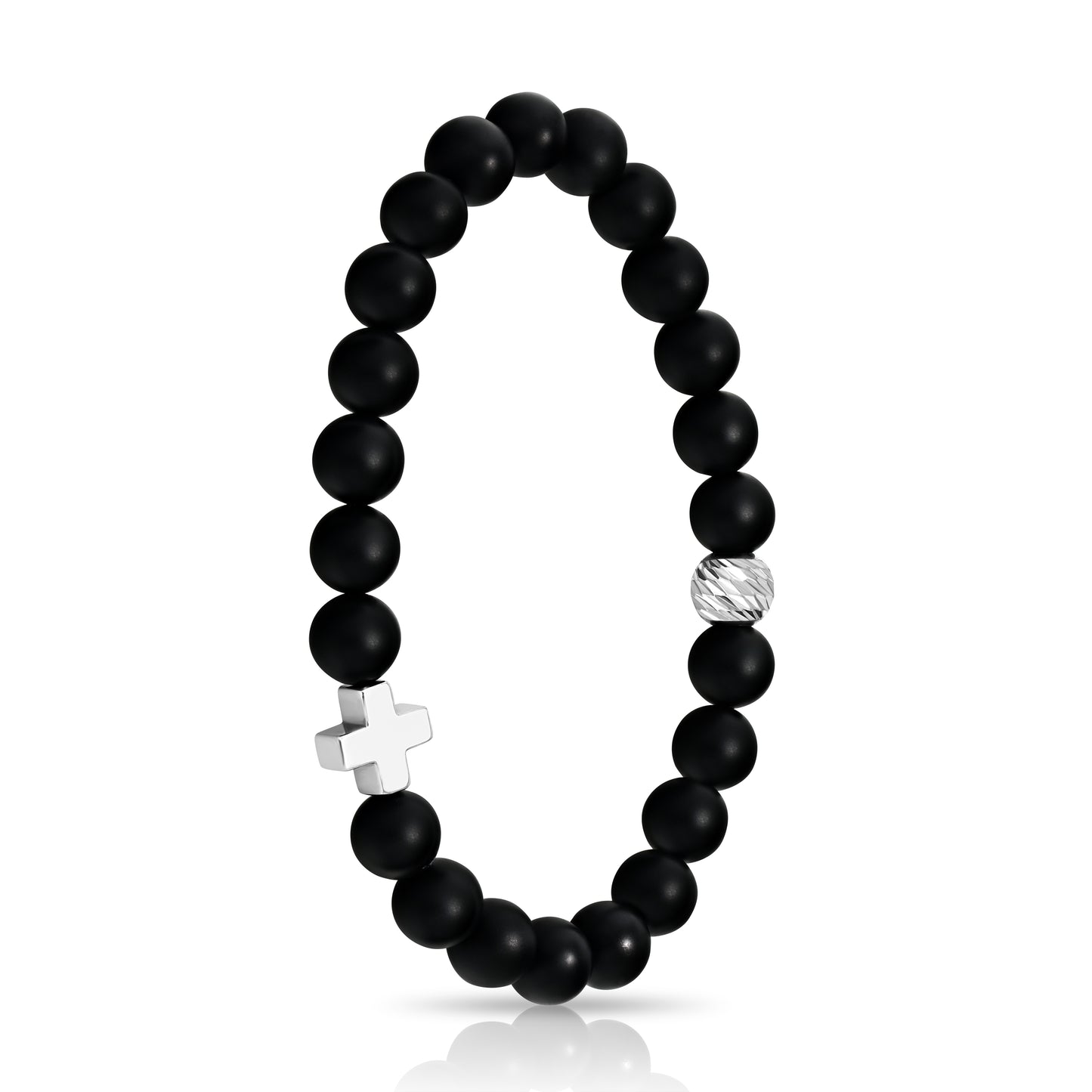 Matte Black Agate Beaded Bracelet with Silver Plated Hematine Cross