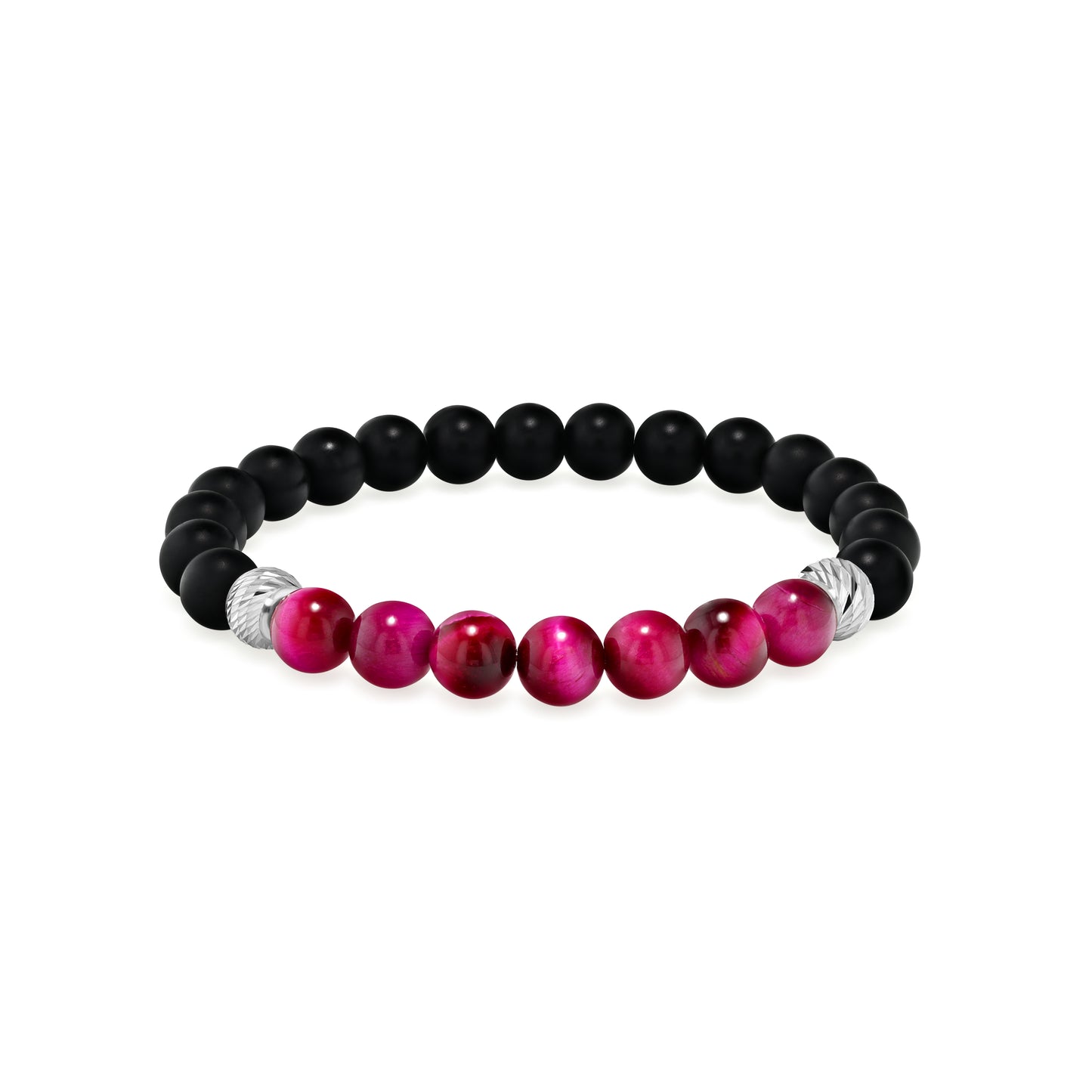 Matte Black Agate and Magenta Tiger Eye Beaded Bracelet