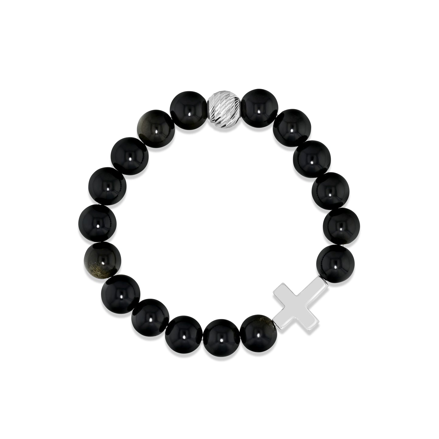Matte Black Agate Beaded Bracelet with Silver Plated Hematine Cross