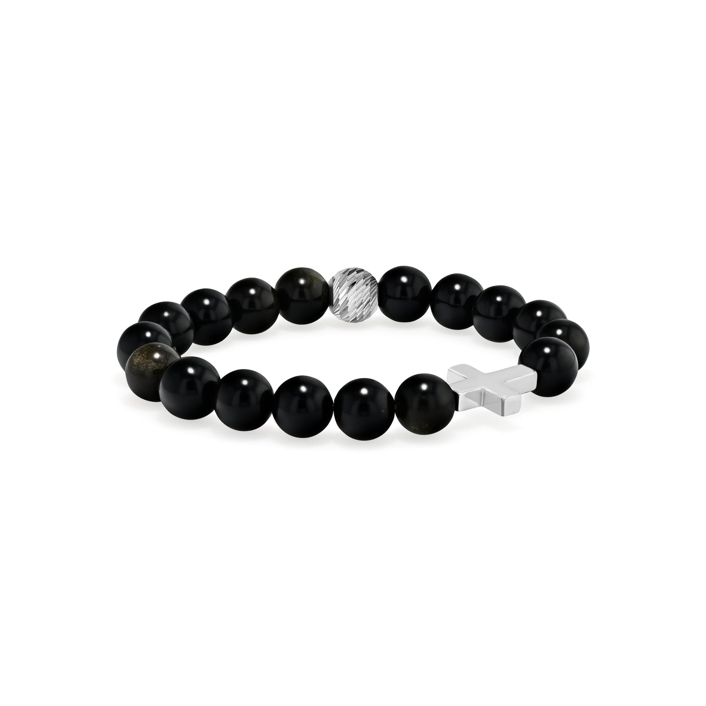 Matte Black Agate Beaded Bracelet with Silver Plated Hematine Cross