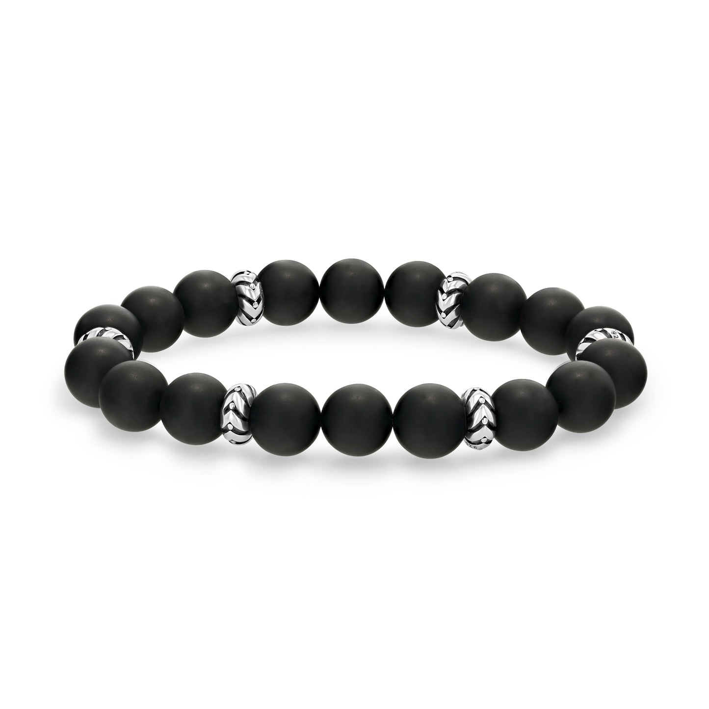 Matte Black Agate Beaded Bracelet with Silver Accents