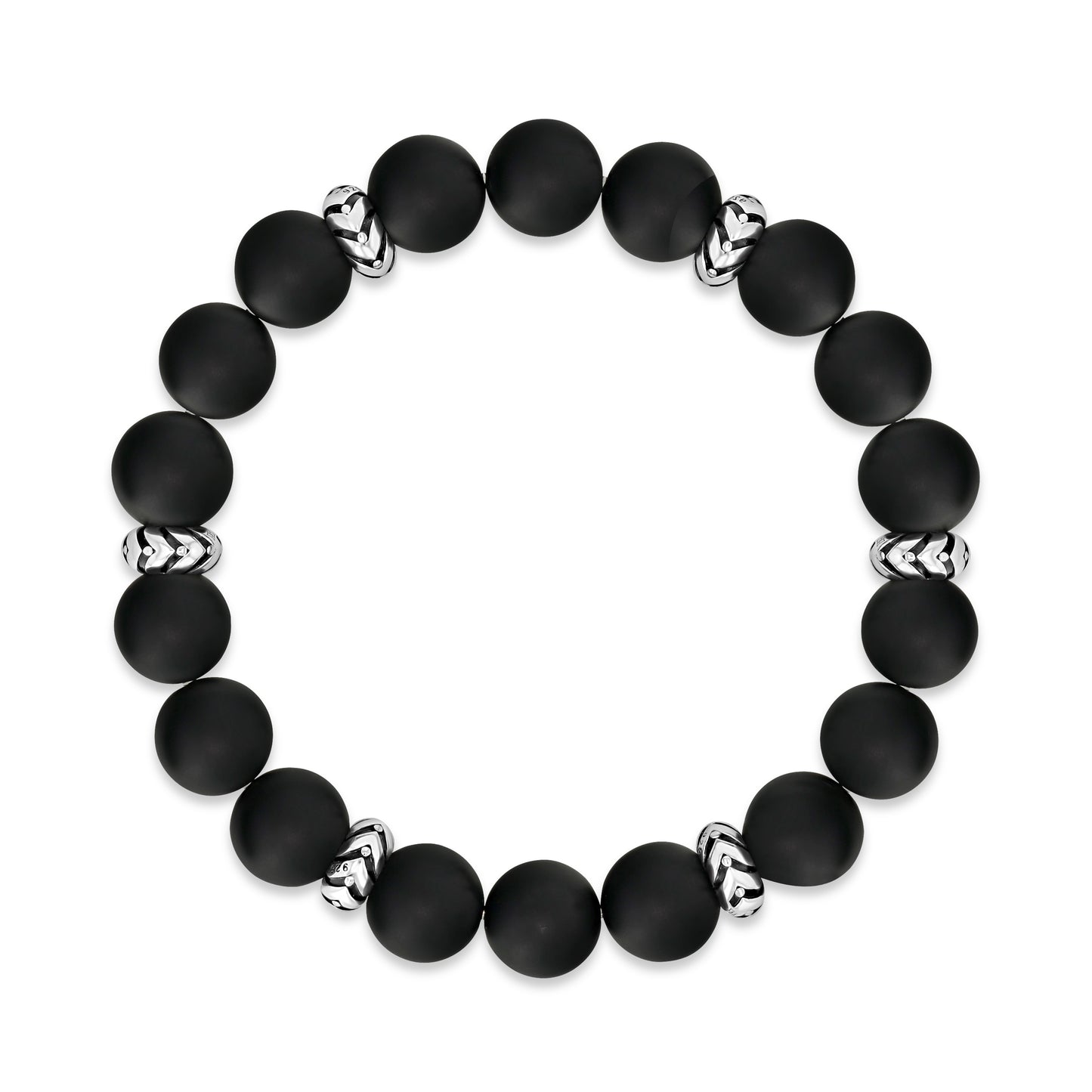 Matte Black Agate Beaded Bracelet with Silver Accents