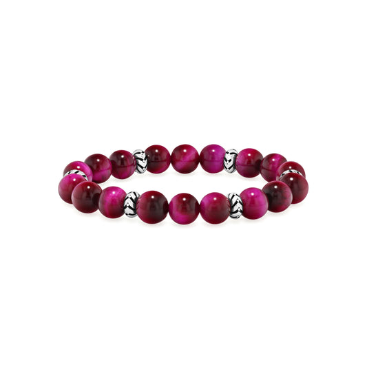 Magenta Tiger Eye Beaded Bracelet with Silver Accents