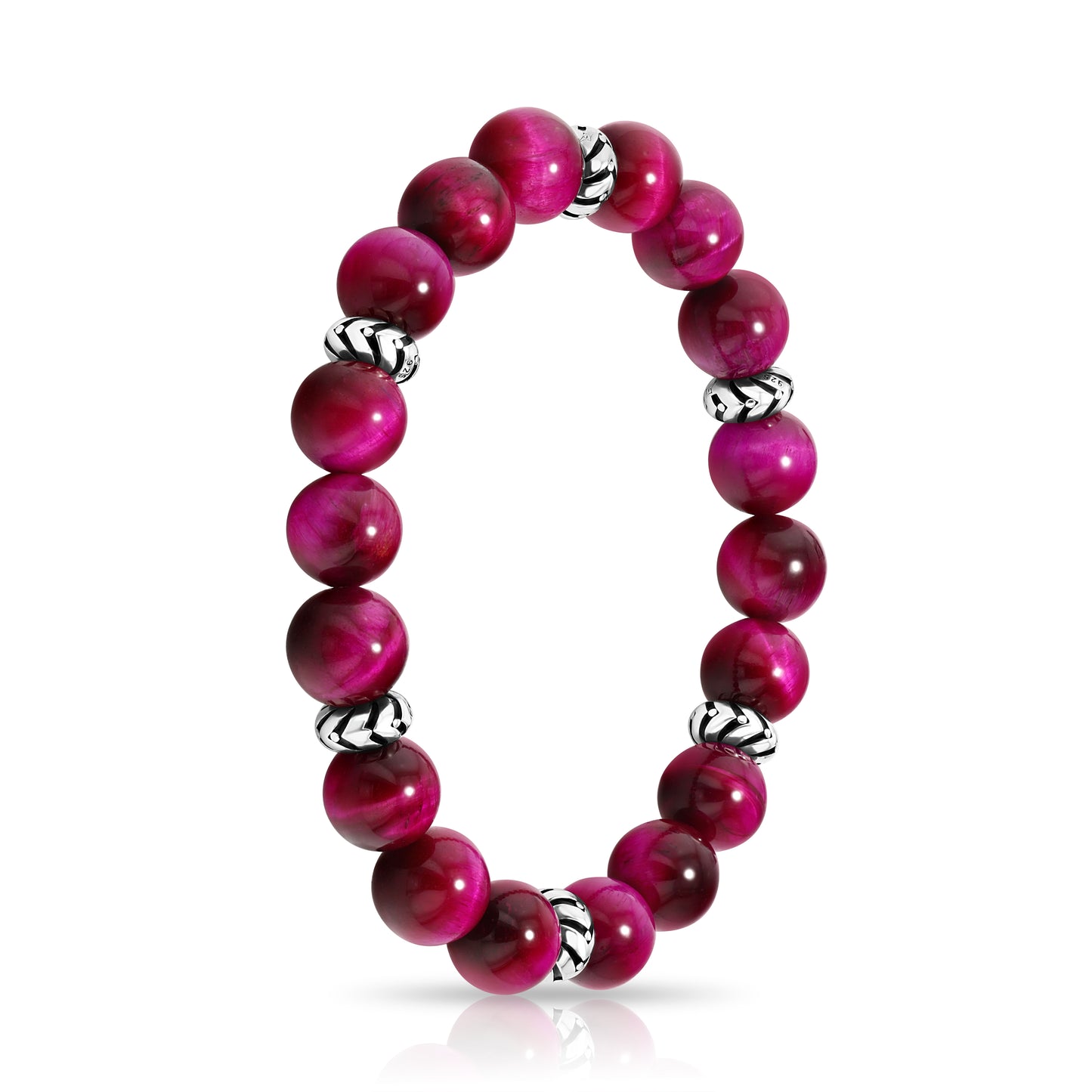 Magenta Tiger Eye Beaded Bracelet with Silver Accents