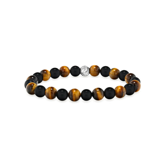 Alternating Yellow Tiger Eye and Matte Black Agate Beaded Bracelet