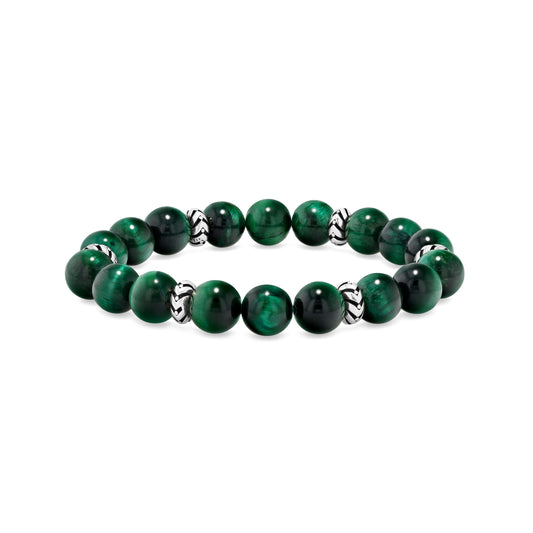 Green Tiger Eye Beaded Bracelet with Silver Accents