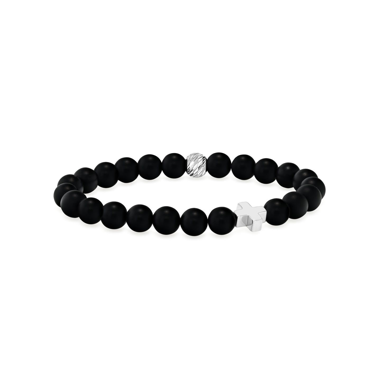 Matte Black Agate Beaded Bracelet with Silver Plated Hematine Cross
