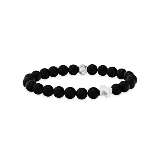 Matte Black Agate Beaded Bracelet with Silver Plated Hematine Cross