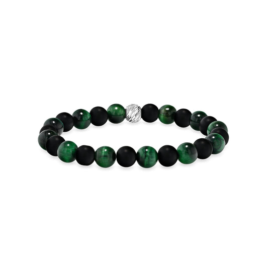 Alternating Green Tiger Eye and Matte Black Agate Beaded Bracelet
