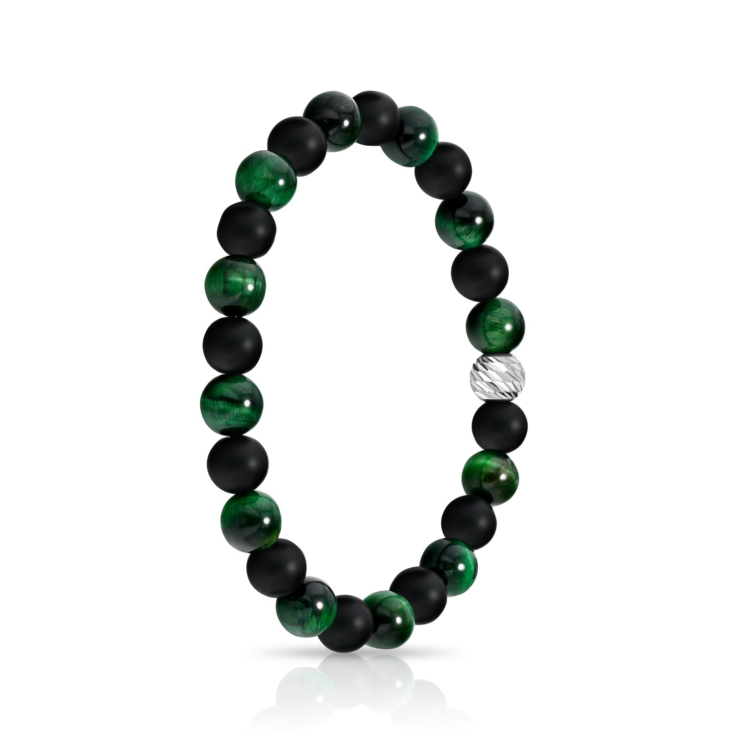 Alternating Green Tiger Eye and Matte Black Agate Beaded Bracelet