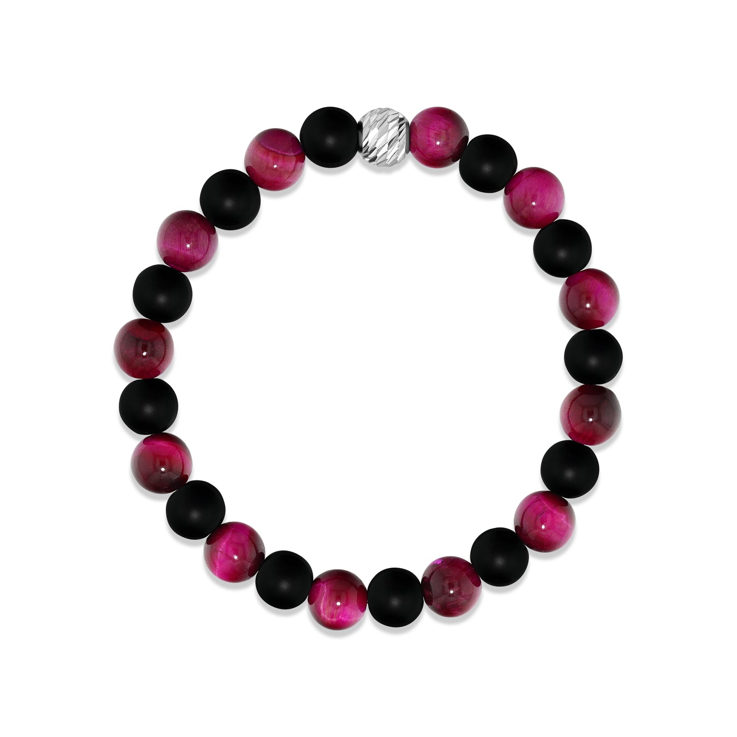 Alternating Magenta Tiger Eye and Matte Black Agate Beaded Bracelet