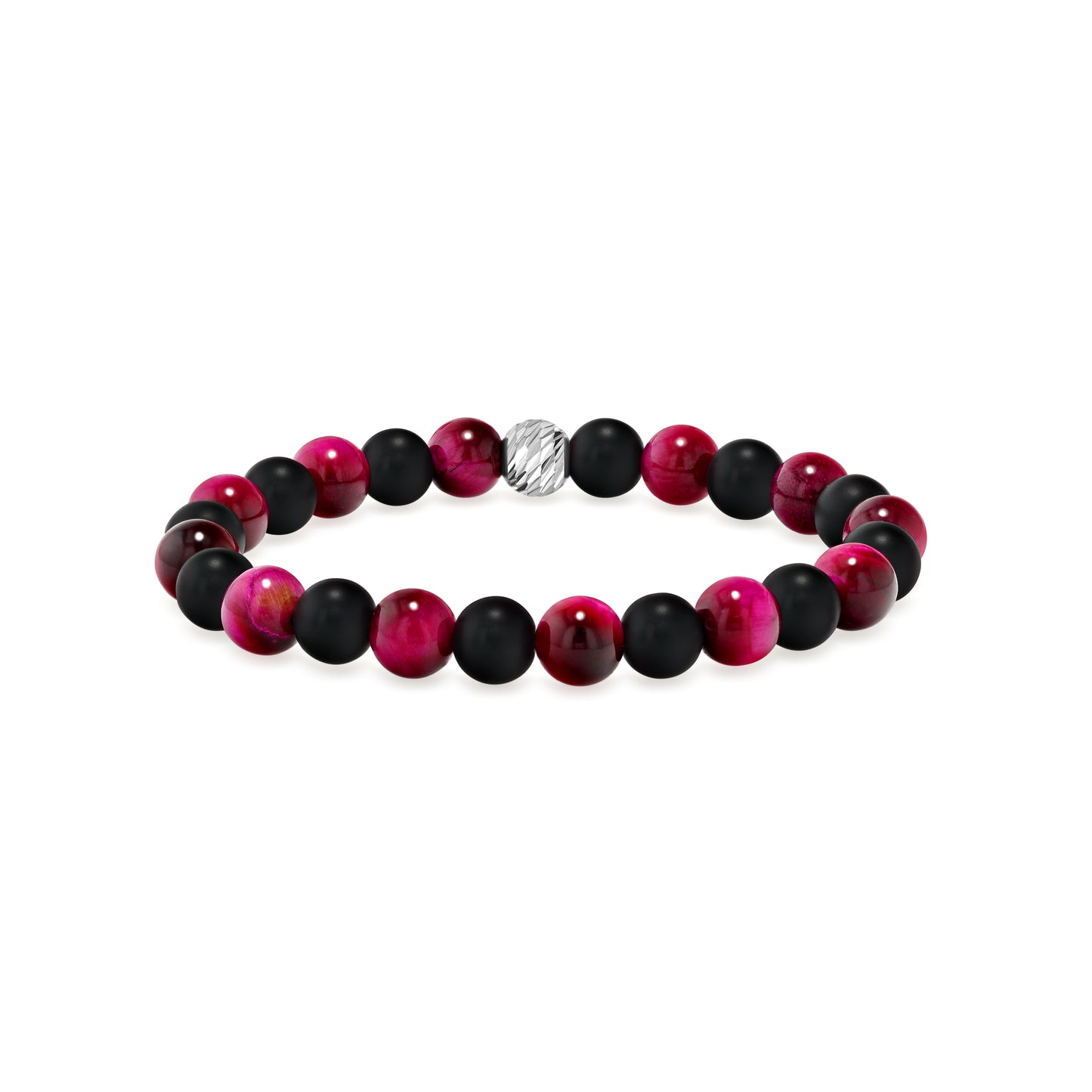 Alternating Magenta Tiger Eye and Matte Black Agate Beaded Bracelet