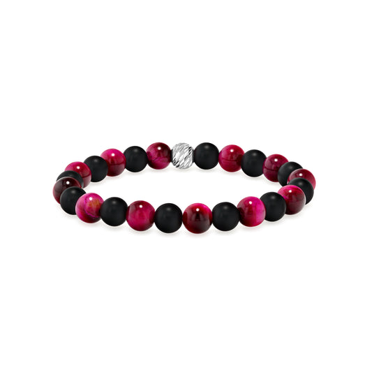 Alternating Magenta Tiger Eye and Matte Black Agate Beaded Bracelet