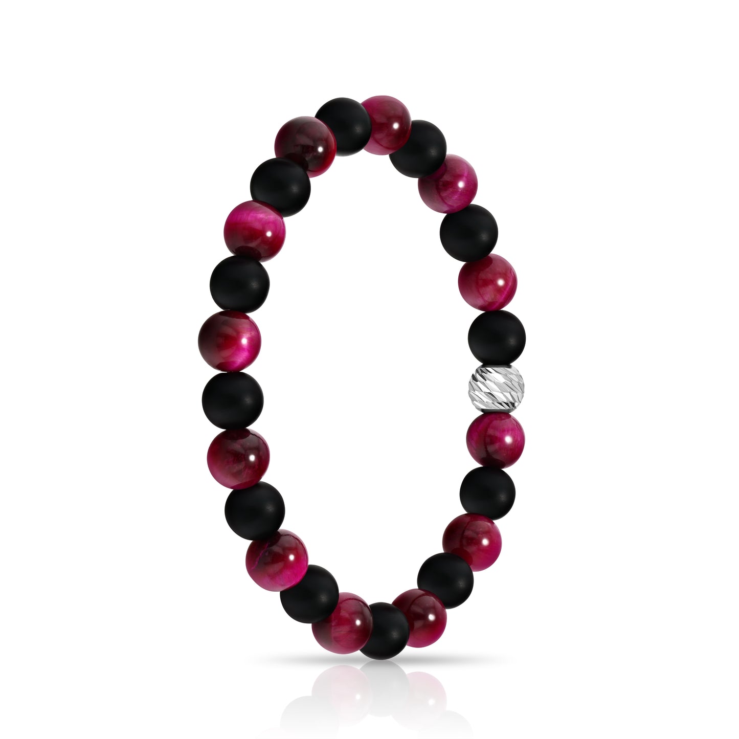 Alternating Magenta Tiger Eye and Matte Black Agate Beaded Bracelet