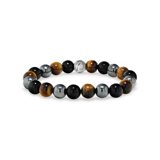 Alternating Yellow Tiger Eye, Hematine and Black Agate Beaded Bracelet