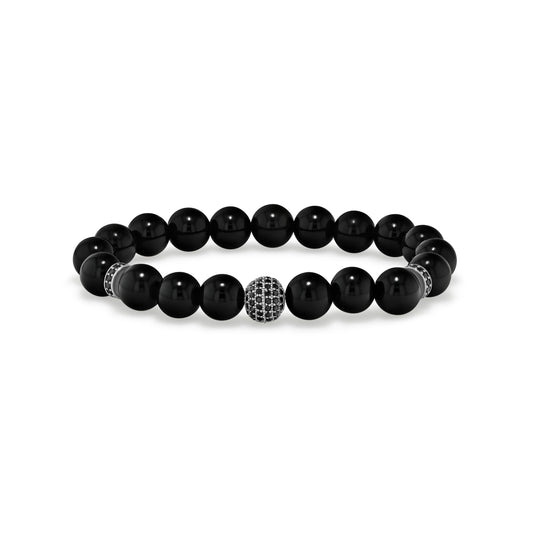Polished Black Agate Beaded Bracelet with Black Spinel Accents