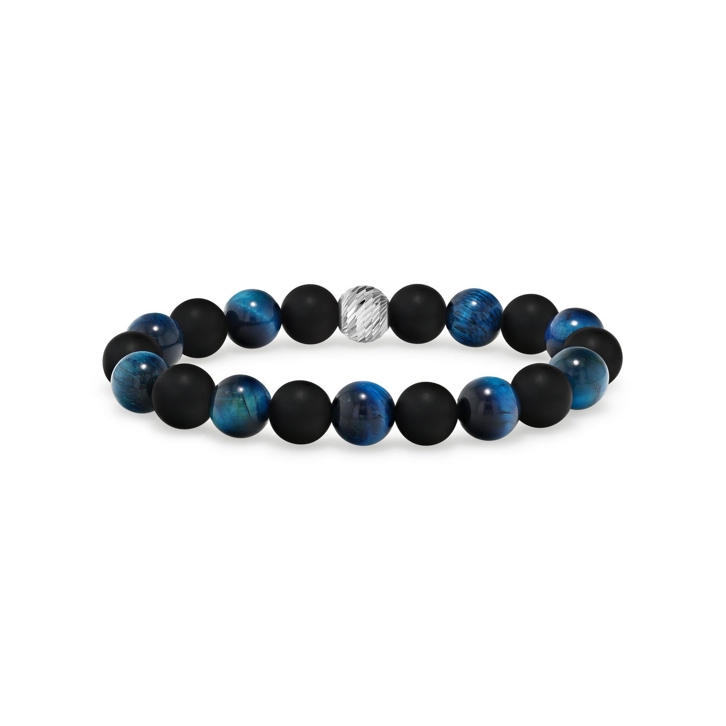 Alternating Aquamarine Tiger Eye and Matte Black Agate Beaded Bracelet