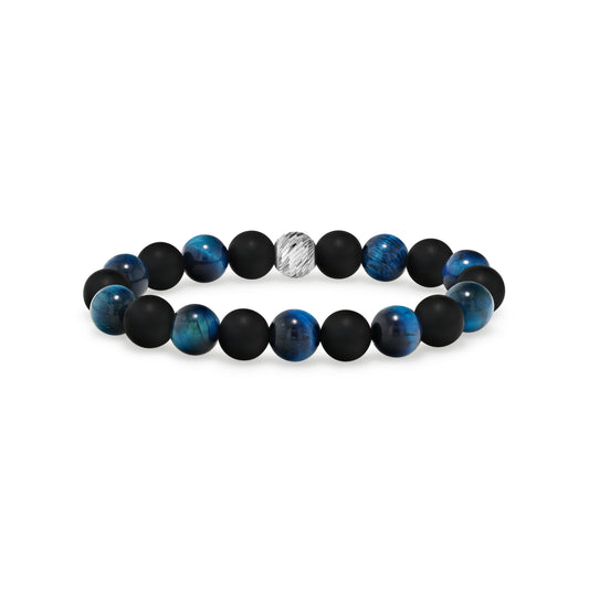 Alternating Aquamarine Tiger Eye and Matte Black Agate Beaded Bracelet