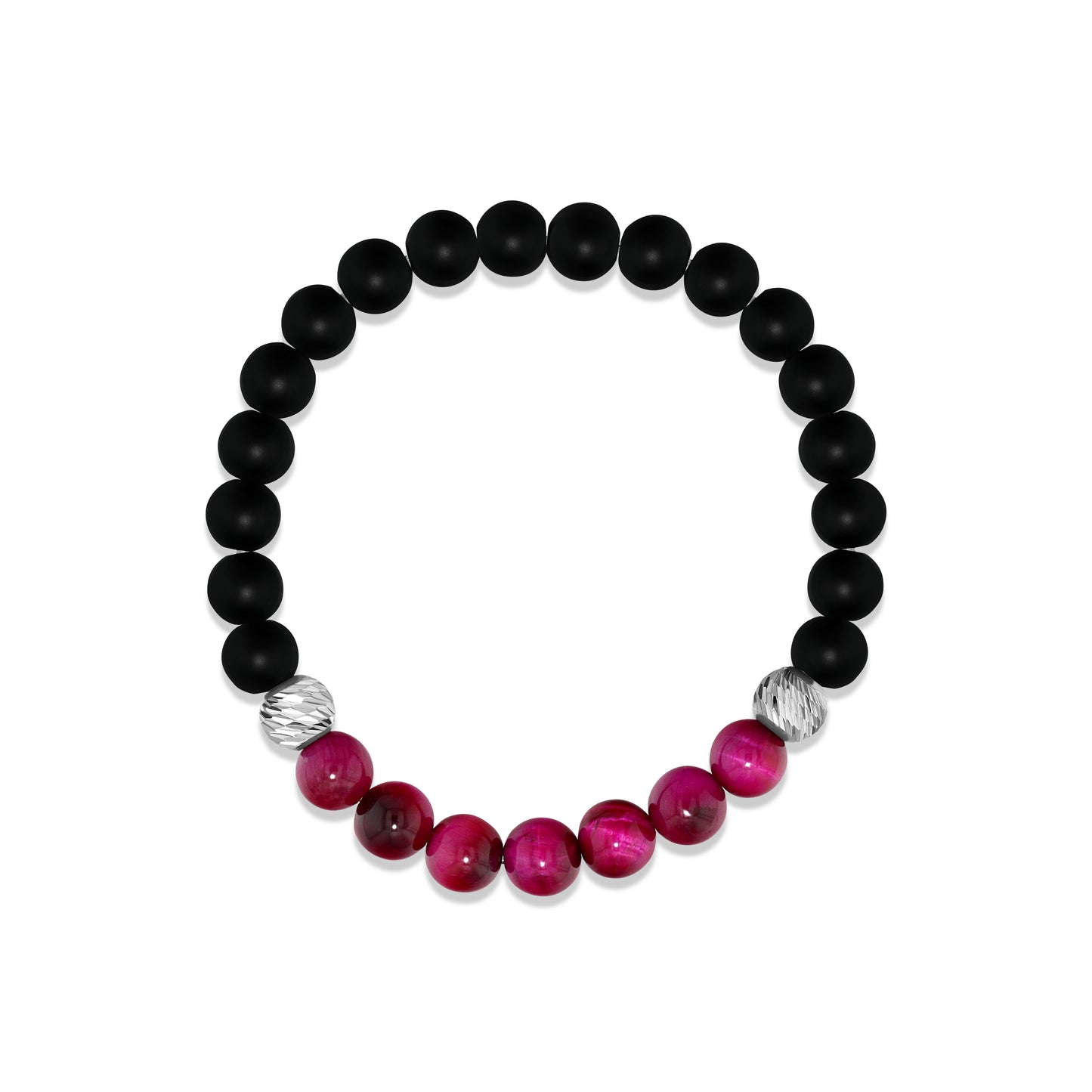 Matte Black Agate and Magenta Tiger Eye Beaded Bracelet