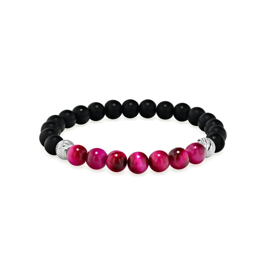 Matte Black Agate and Magenta Tiger Eye Beaded Bracelet