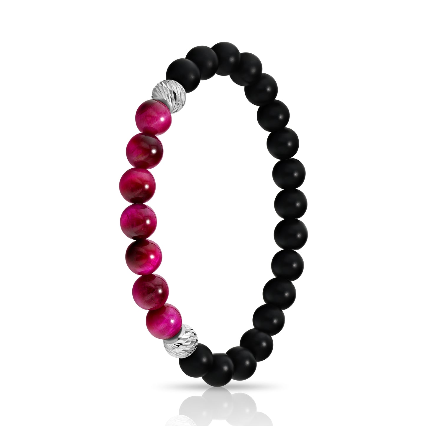 Matte Black Agate and Magenta Tiger Eye Beaded Bracelet