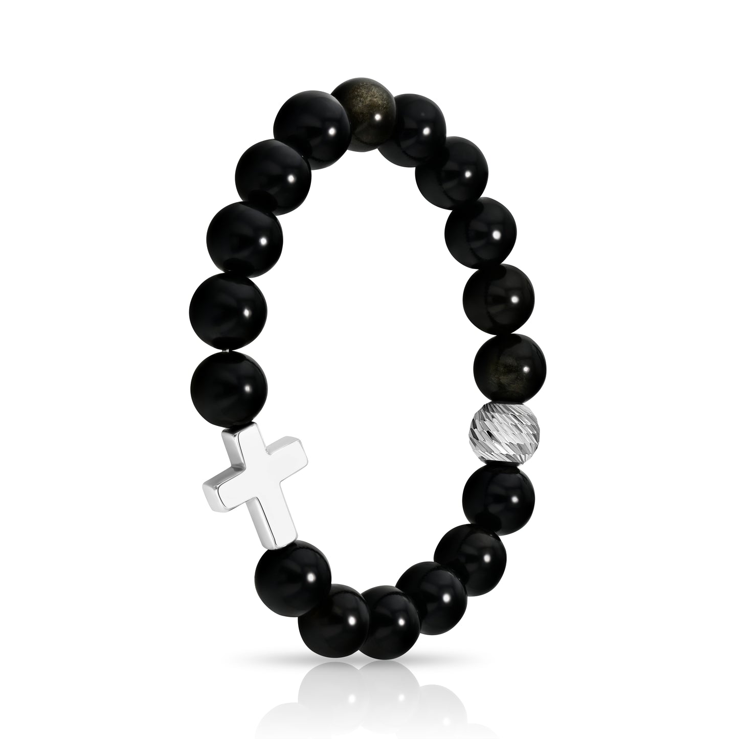 Matte Black Agate Beaded Bracelet with Silver Plated Hematine Cross