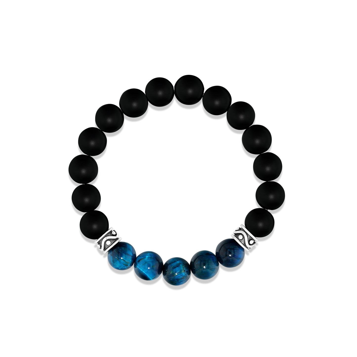 Matte Black Agate & Aquamarine Tiger Eye Beaded Bracelet