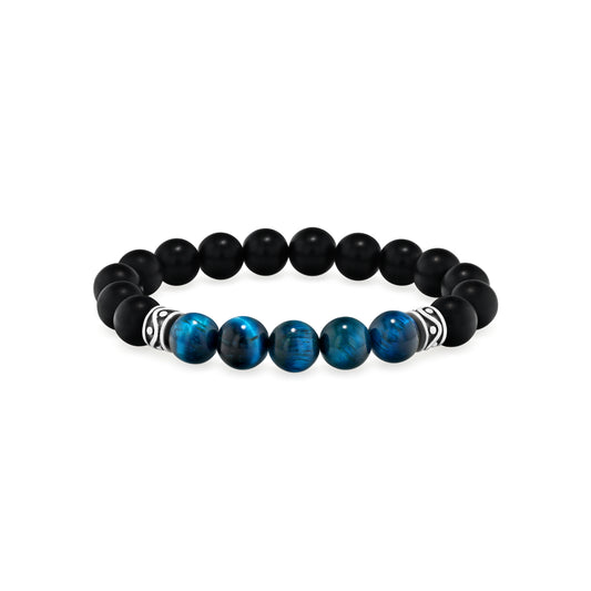 Matte Black Agate & Aquamarine Tiger Eye Beaded Bracelet