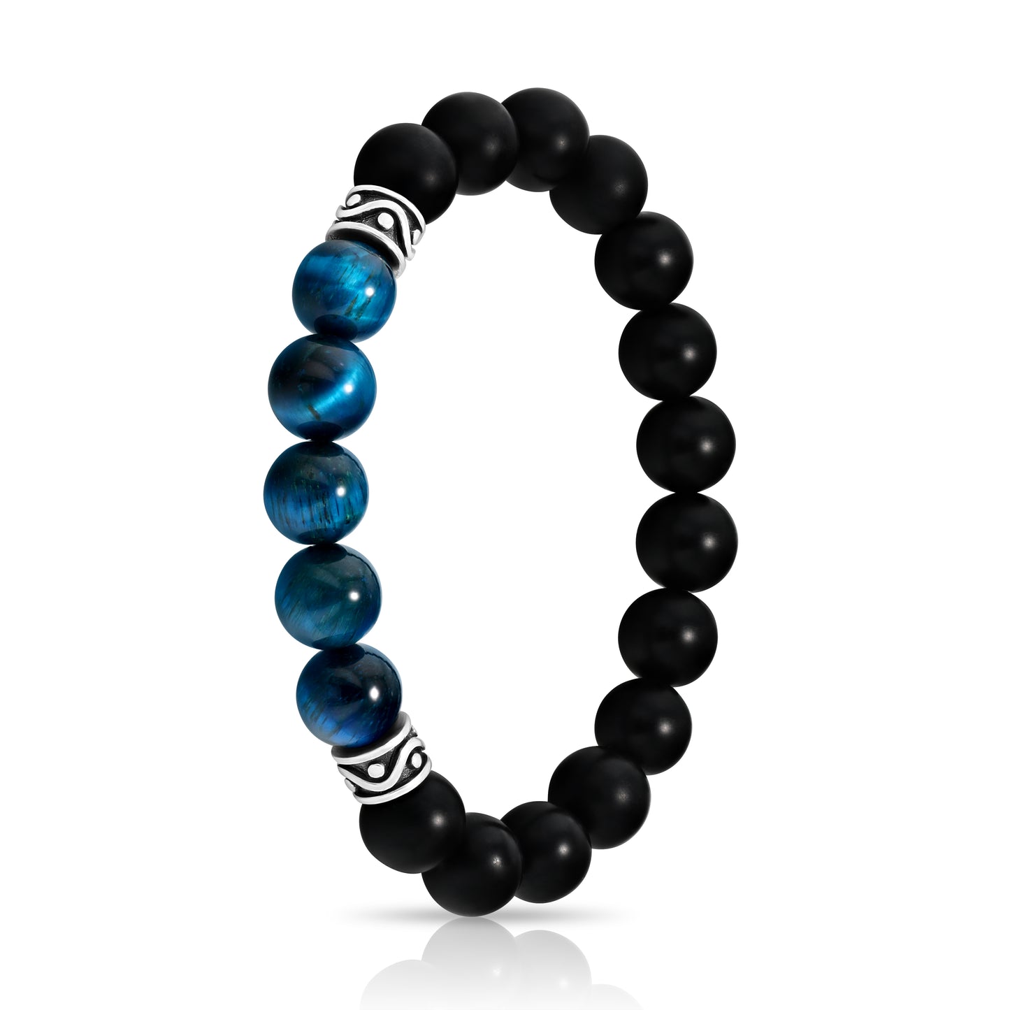 Matte Black Agate & Aquamarine Tiger Eye Beaded Bracelet