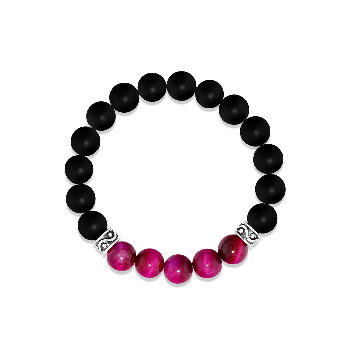 Matte Black Agate & Magenta Tiger Eye Beaded Bracelet