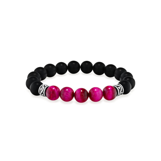 Matte Black Agate & Magenta Tiger Eye Beaded Bracelet
