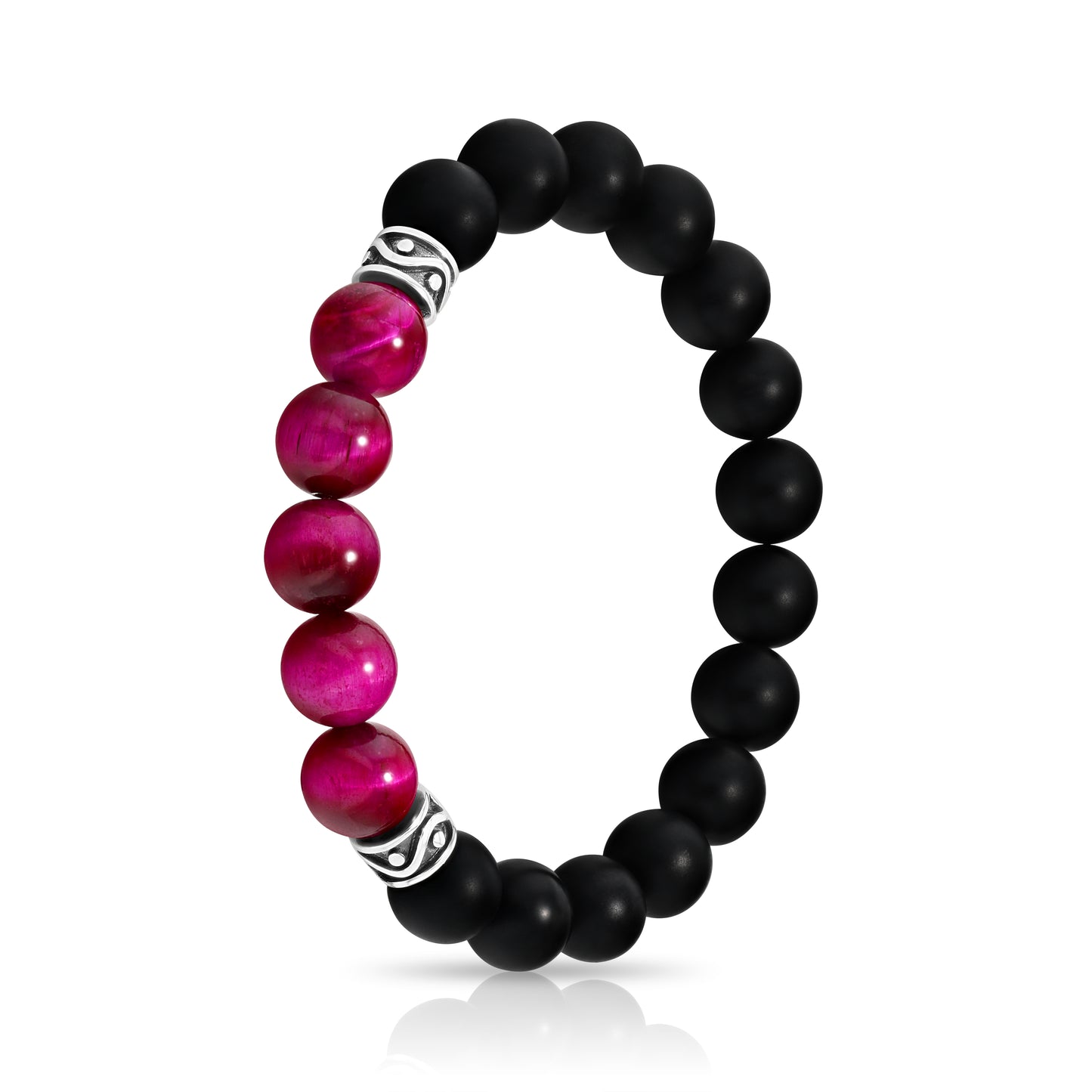 Matte Black Agate & Magenta Tiger Eye Beaded Bracelet