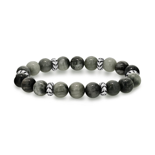 Grey Eagle Eye Beaded Bracelet with Silver Accents