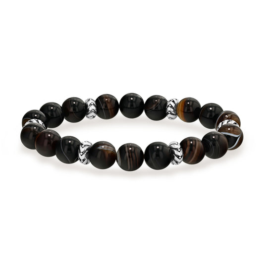 Natural Agate Beaded Bracelet with Silver Accents