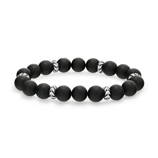 Matte Black Agate Beaded Bracelet with Silver Accents
