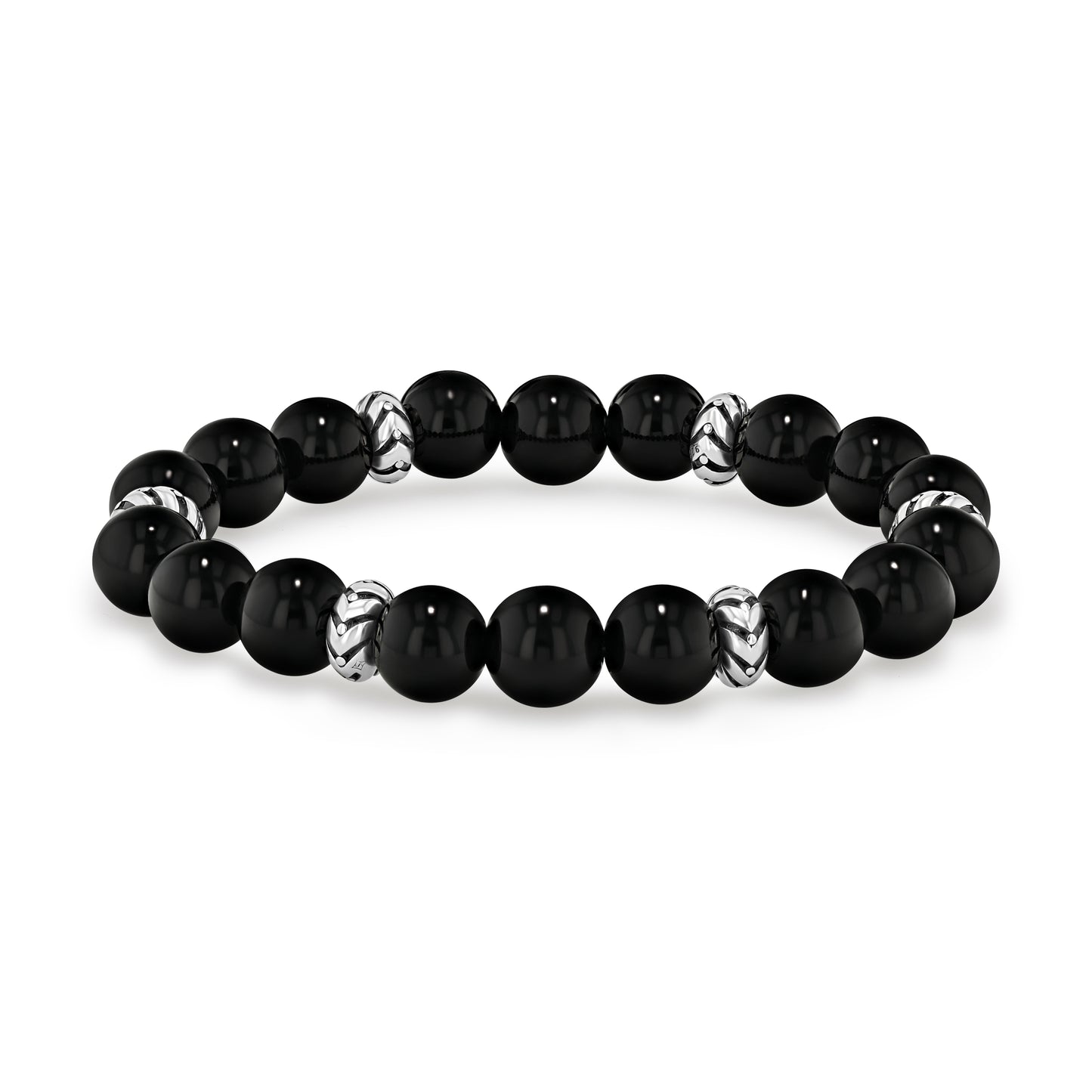 Polished Black Agate Beaded Bracelet with Silver Accents