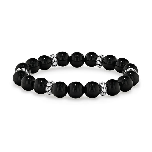 Polished Black Agate Beaded Bracelet with Silver Accents