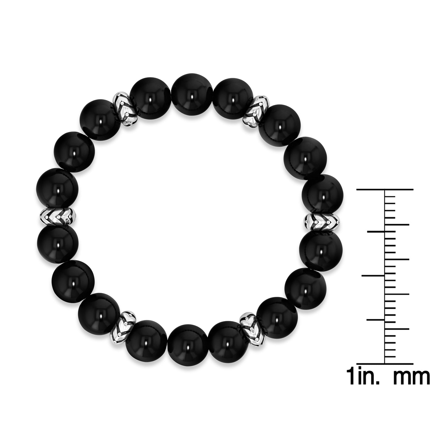 Polished Black Agate Beaded Bracelet with Silver Accents
