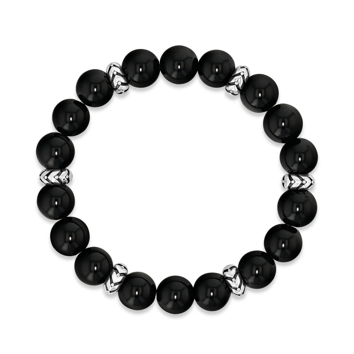 Polished Black Agate Beaded Bracelet with Silver Accents