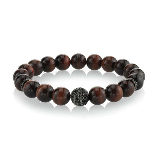 Red Tiger Eye Beaded Bracelet with Black Spinel Accents